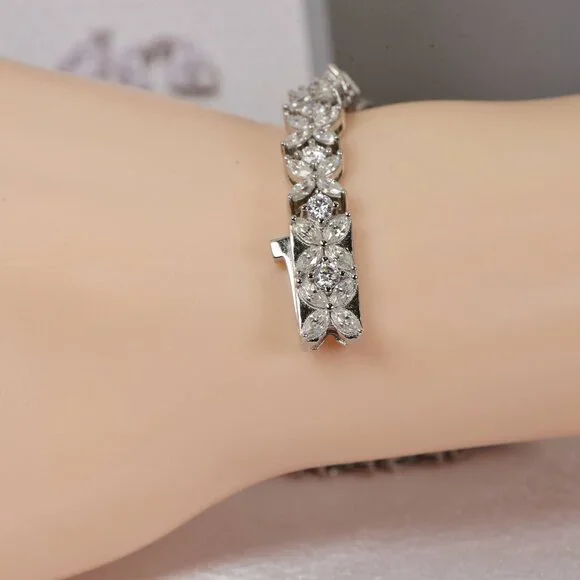 GRA Certified Marquise and Round Cut Moissanite Tennis Bracelet 925 Sterling - Picture 4 of 13